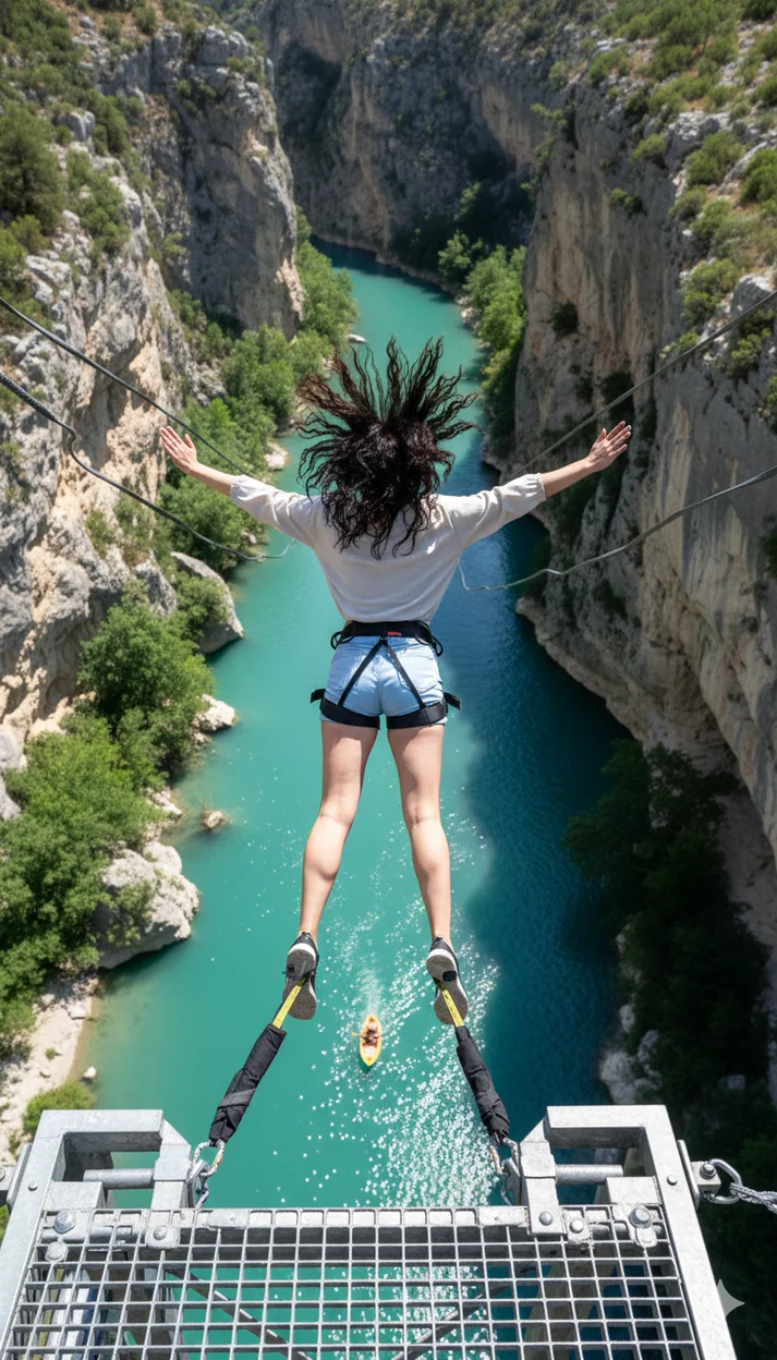 Девушка в светлой кофте и шортах прыгает с платформы над бирюзовой рекой