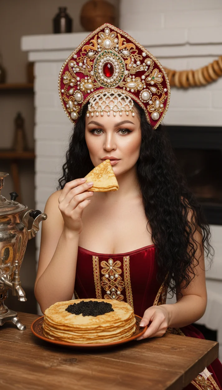 Девушка в кокошнике за деревянным столом с блинами и икрой