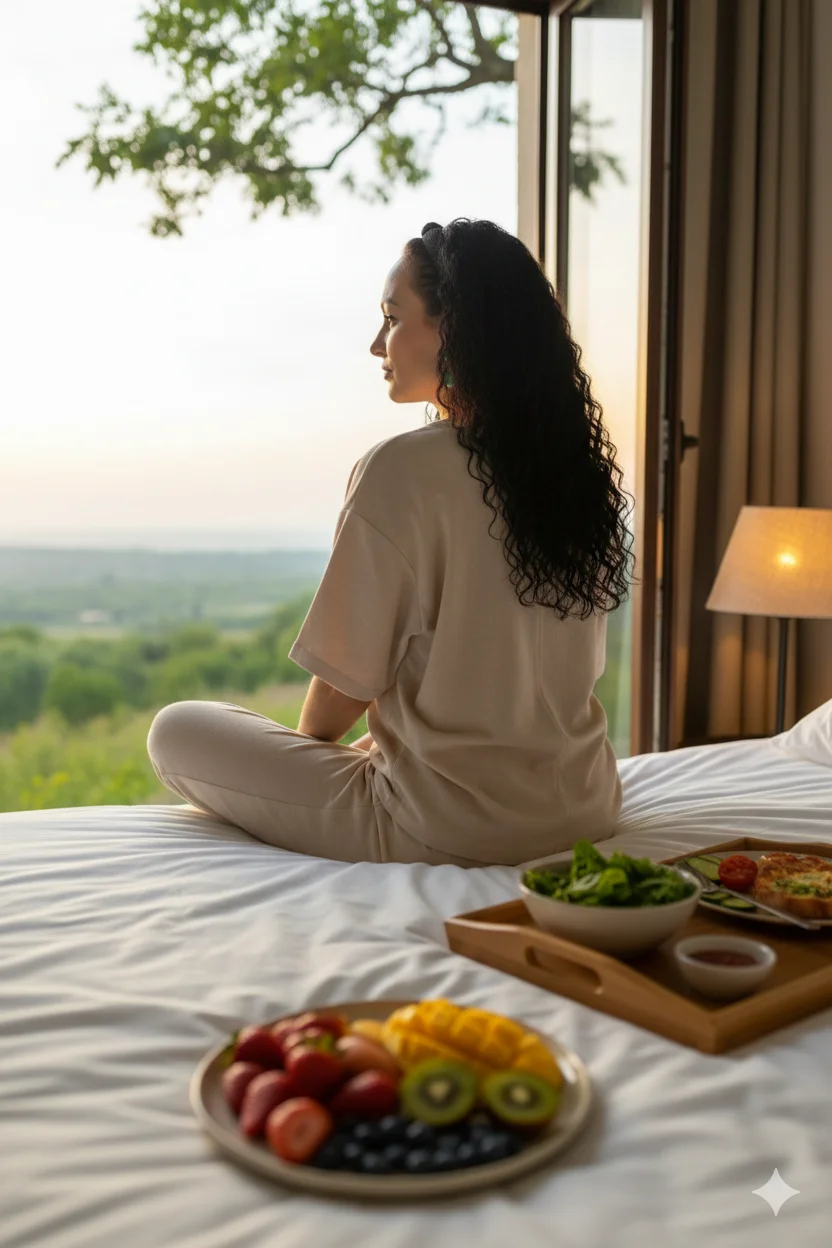 Девушка  в отеле смотрит на природу 