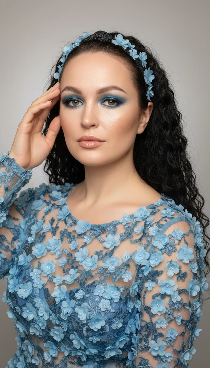  Женщина крупным планом в студии с голубыми цветами