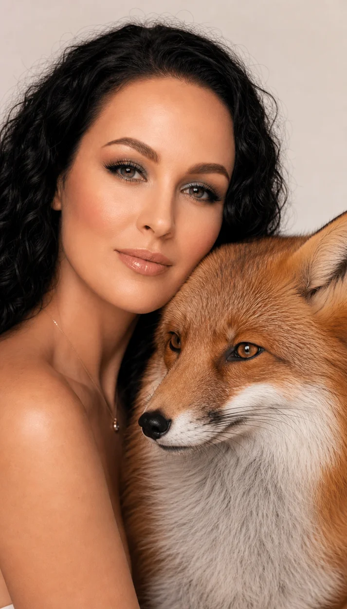 Фотосессия beauty‑гламур: девушка прижимает щёку к лисе, плотный студийный портрет