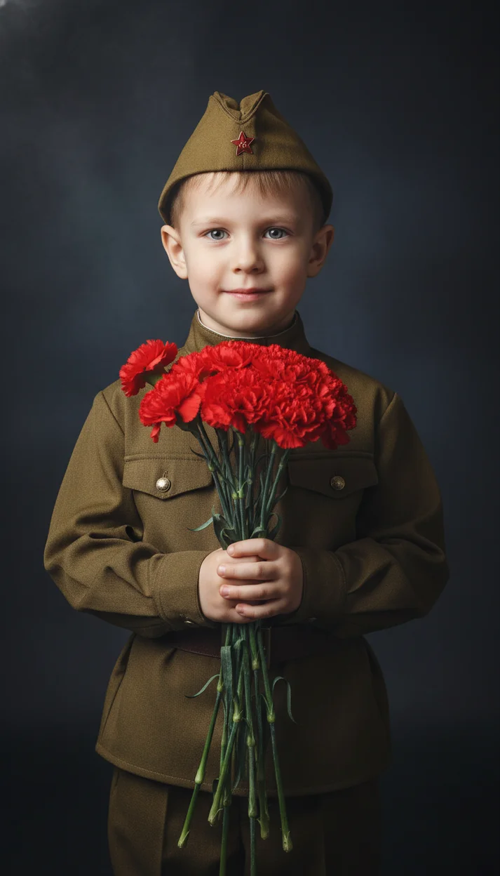 Ребёнок (любой пол) в военной форме с букетом гвоздик