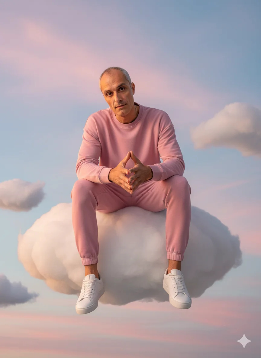 Мужчина в розовом костюме сидит на облаке в небе