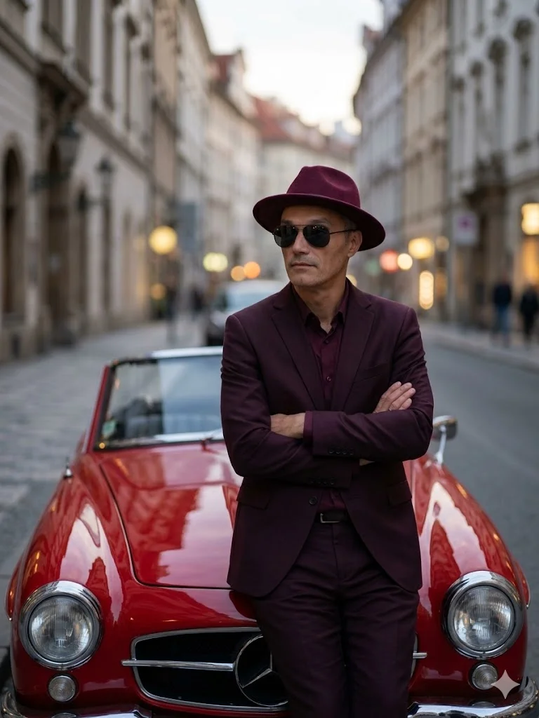 Мужчина в бордовом костюме и шляпе у красного автомобиля 