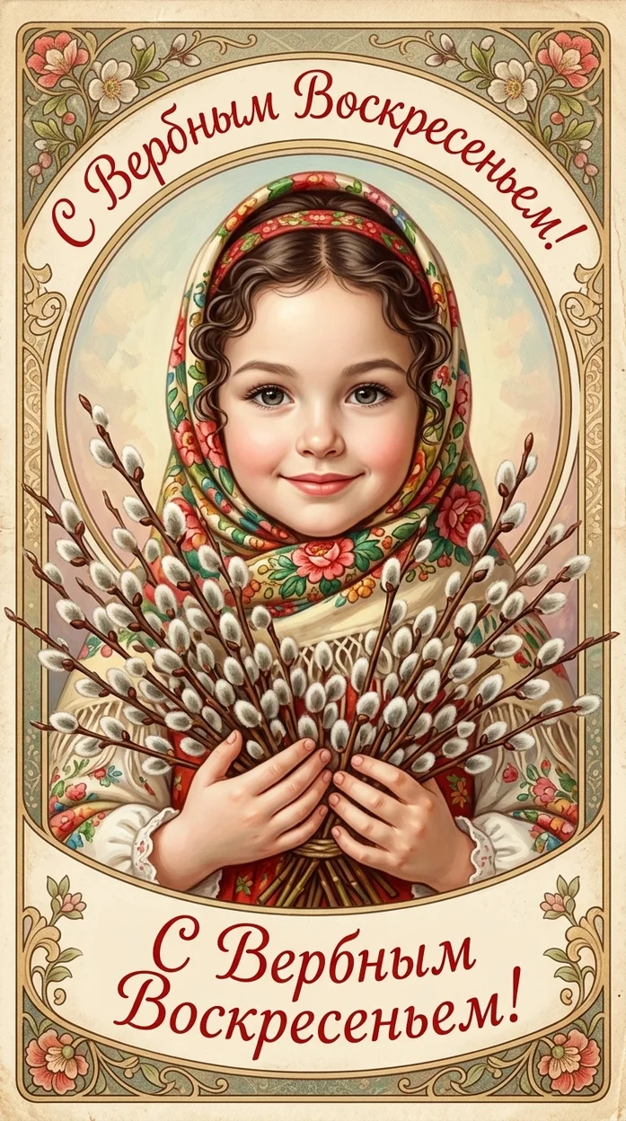  Ретро открытка С Вербным воскресеньем с девочкой и вербой