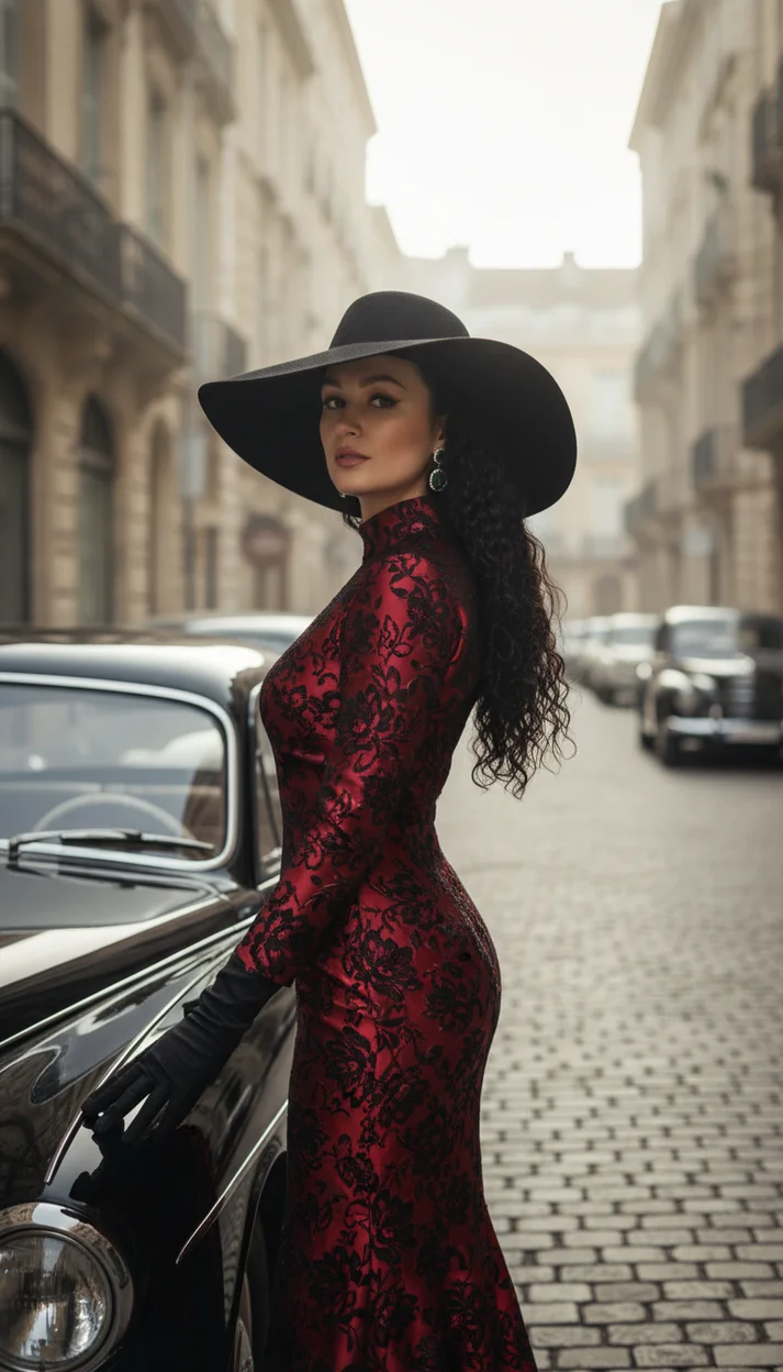 Женщина в элегантном красно-чёрном платье и широкой шляпе стоит на винтажной европейской улице 