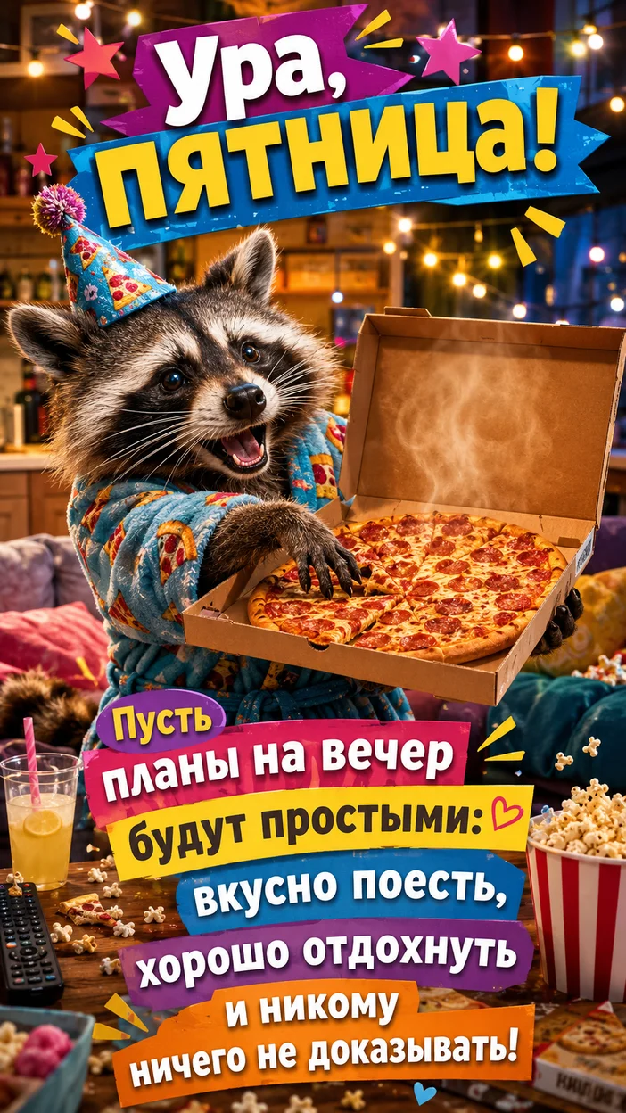 Фотооткрытка с текстом «Ура, пятница!»