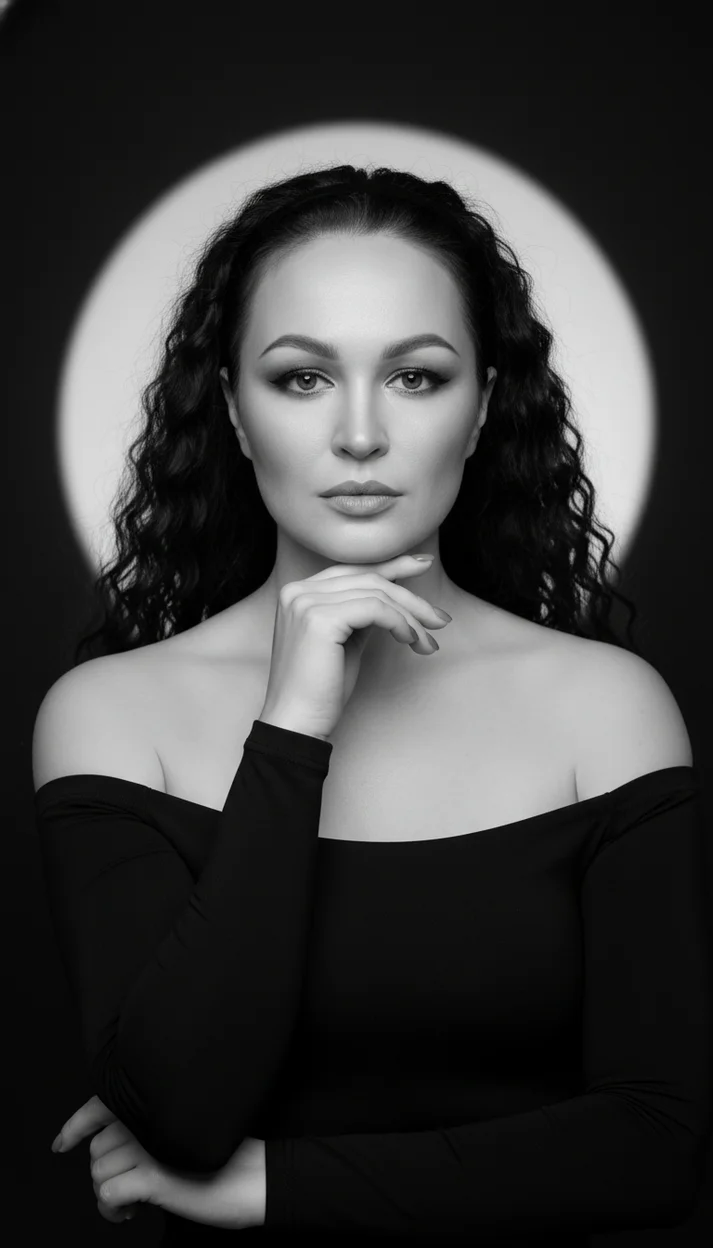  Женщина в студии на тёмном фоне круг свет