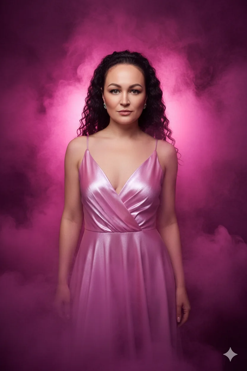 Женщина в переливающемся платье на тонких бретелях стоит среди розового дыма