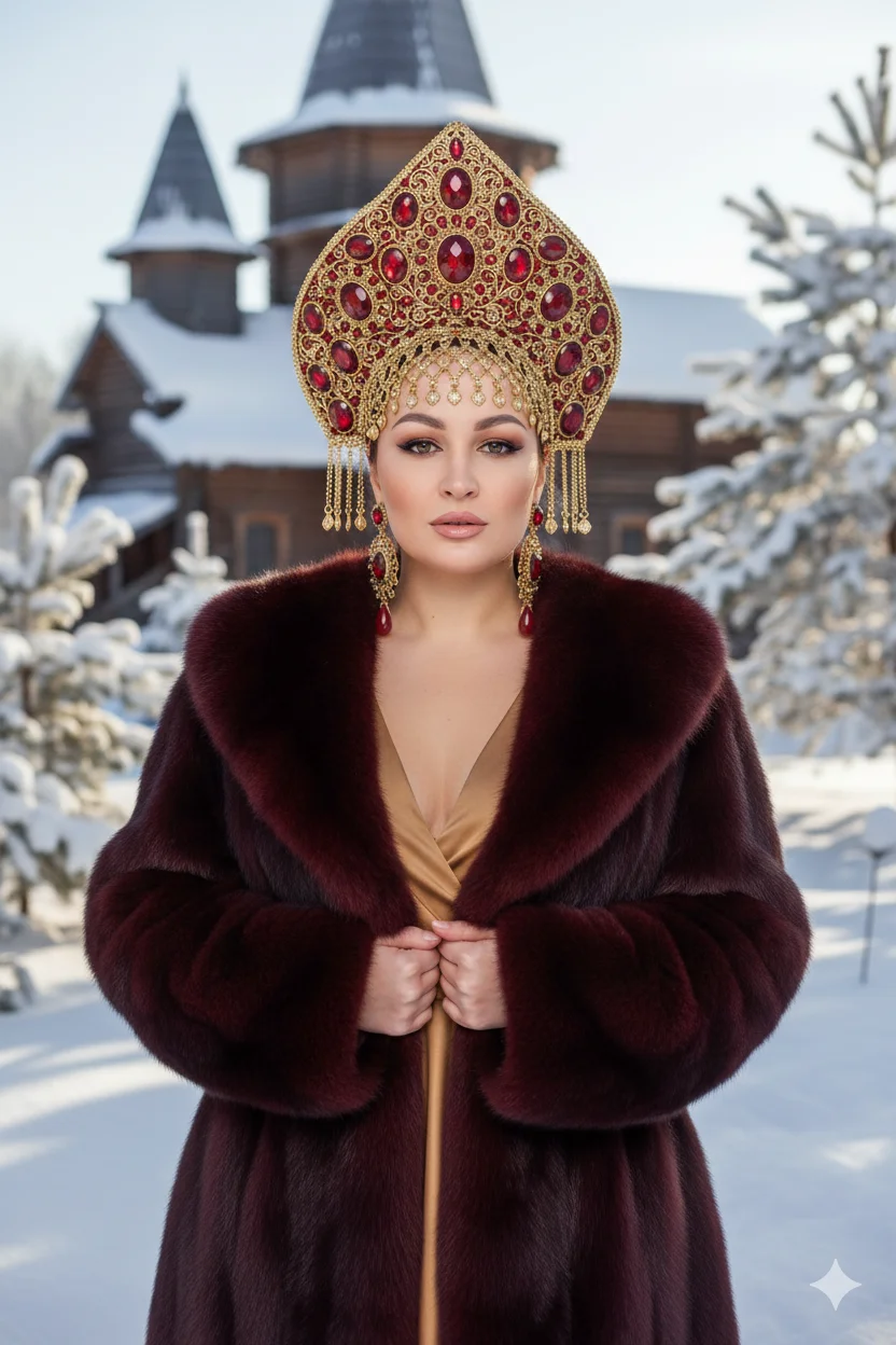 Девушка в золотом кокошнике и бордовой шубе на фоне заснеженного терема 