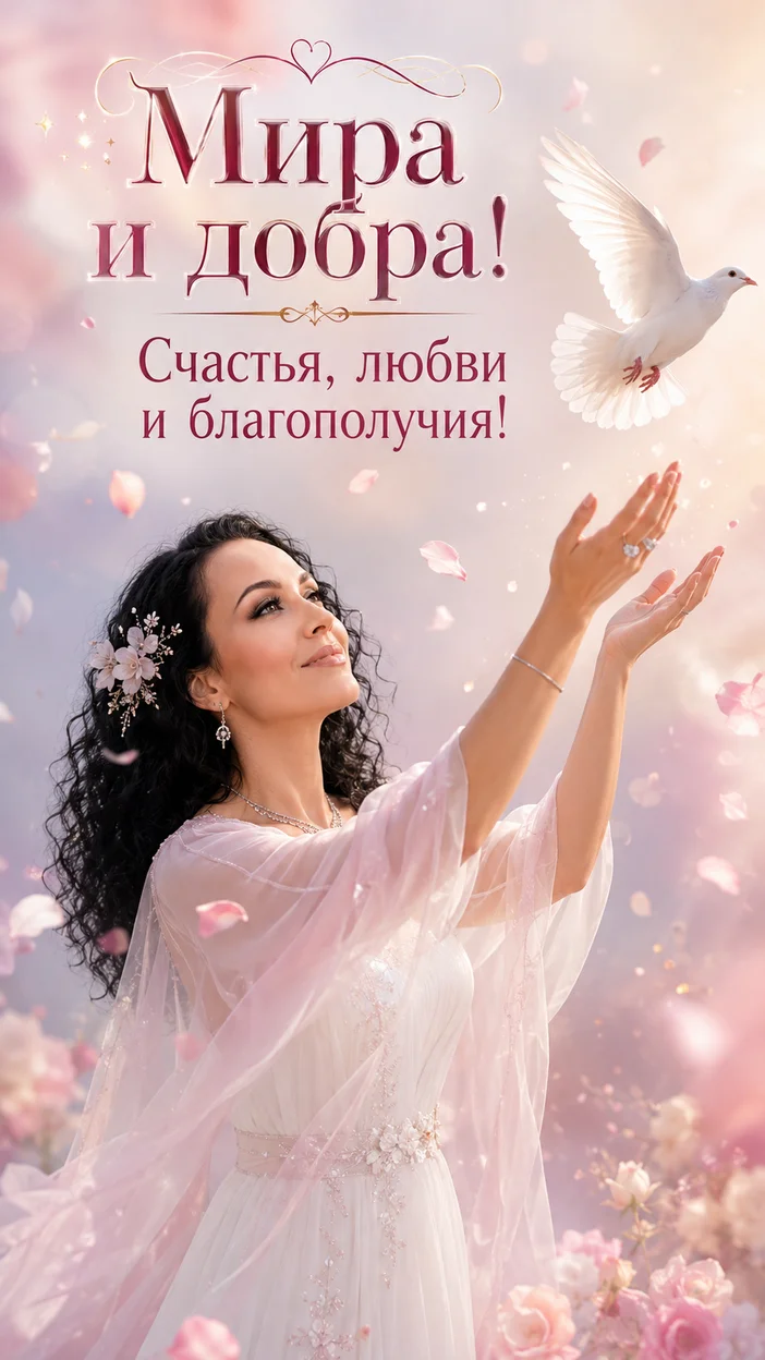 Фотооткрытка для неё с пожеланием "Мира и добра! Счастья, любви и благополучия!"
