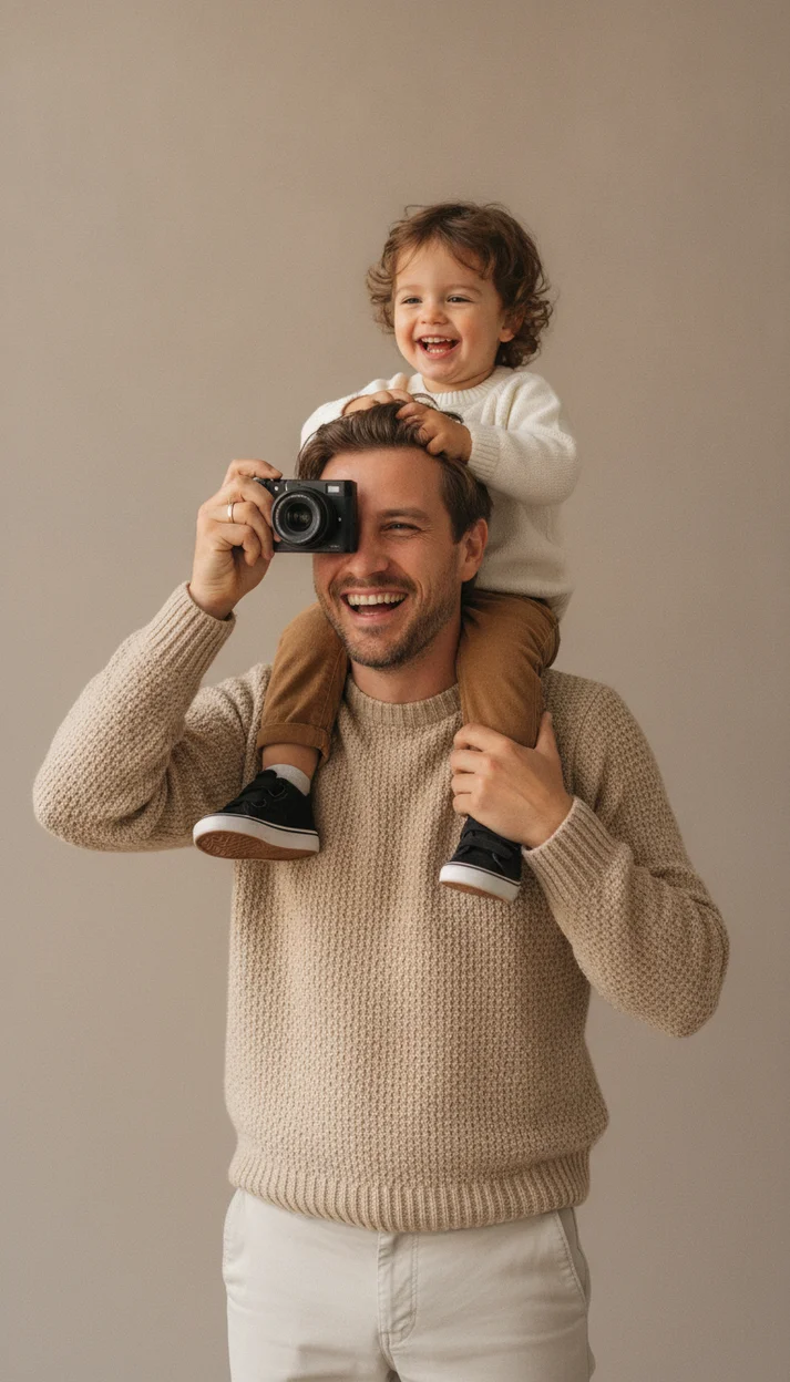 Весёлая фотосессия папы с ребёнком и фотоаппаратом