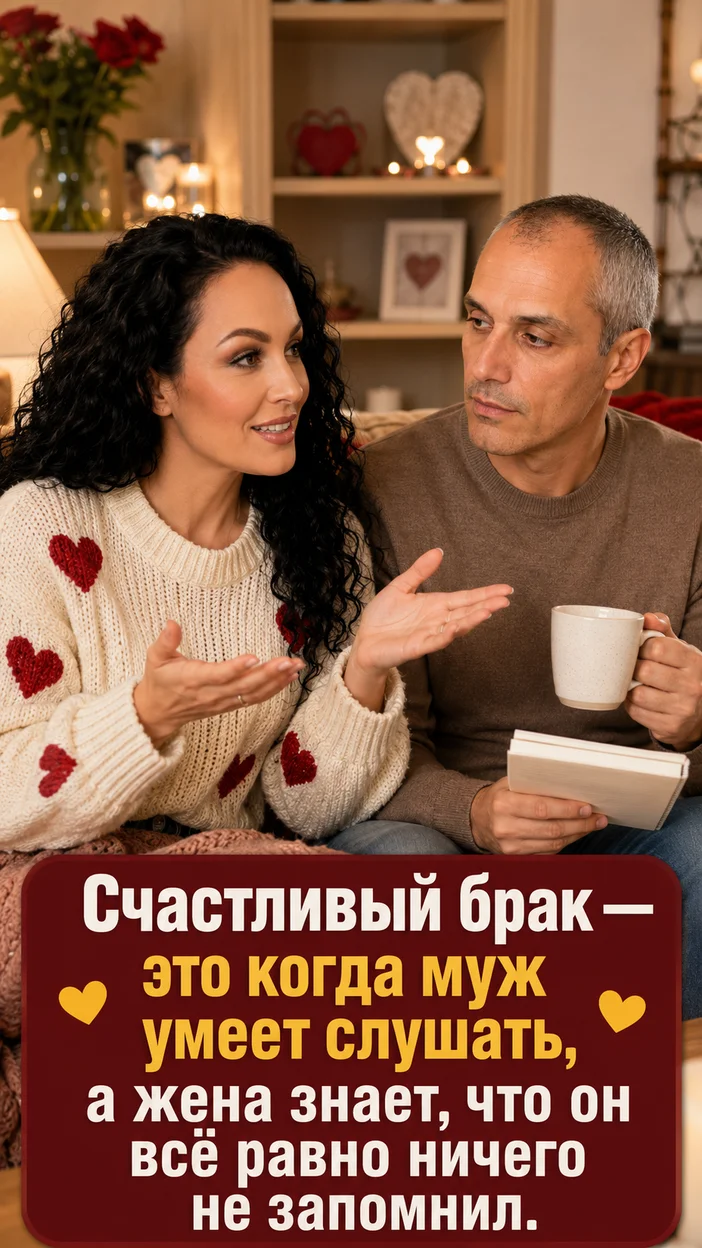 Фотооткрытка для пары с пожеланием "Счастливый брак — это когда муж умеет слушать, а жена знает, что он всё равно ничего не запомнил."