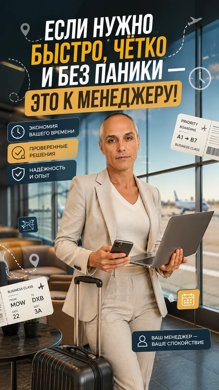 Фотооткрытка для сотрудницы с текстом "ЕСЛИ НУЖНО БЫСТРО, ЧЁТКО И БЕЗ ПАНИКИ — ЭТО К МЕНЕДЖЕРУ!"