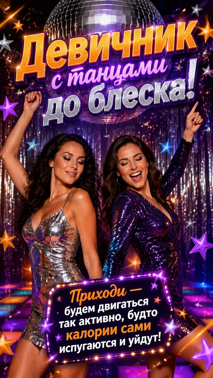 Фотооткрытка «Девичник с танцами до блеска!»