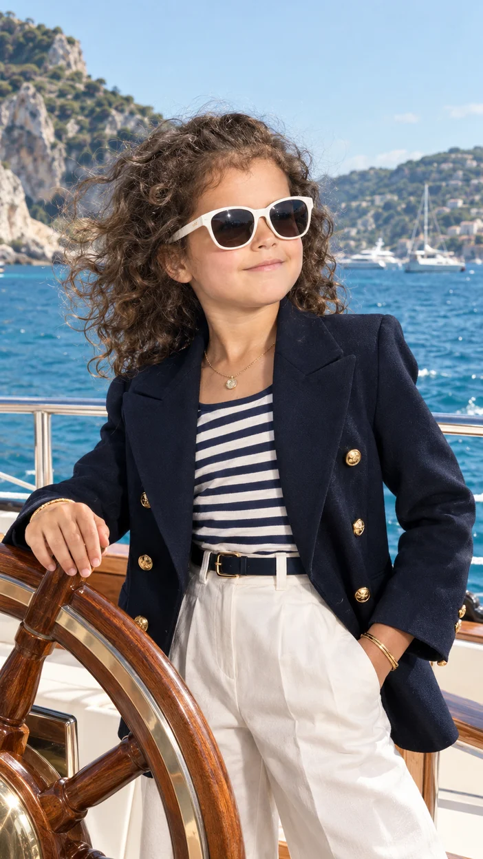 Фотосессия luxury captain на яхте у деревянного штурвала в двубортном жакете и солнцезащитных очках