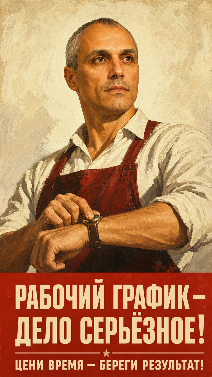 Фотосессия рабочего с часами и призывом ценить время