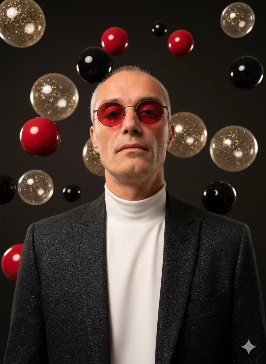 Мужчина среди парящих шаров в тёмном пиджаке и белой водолазке