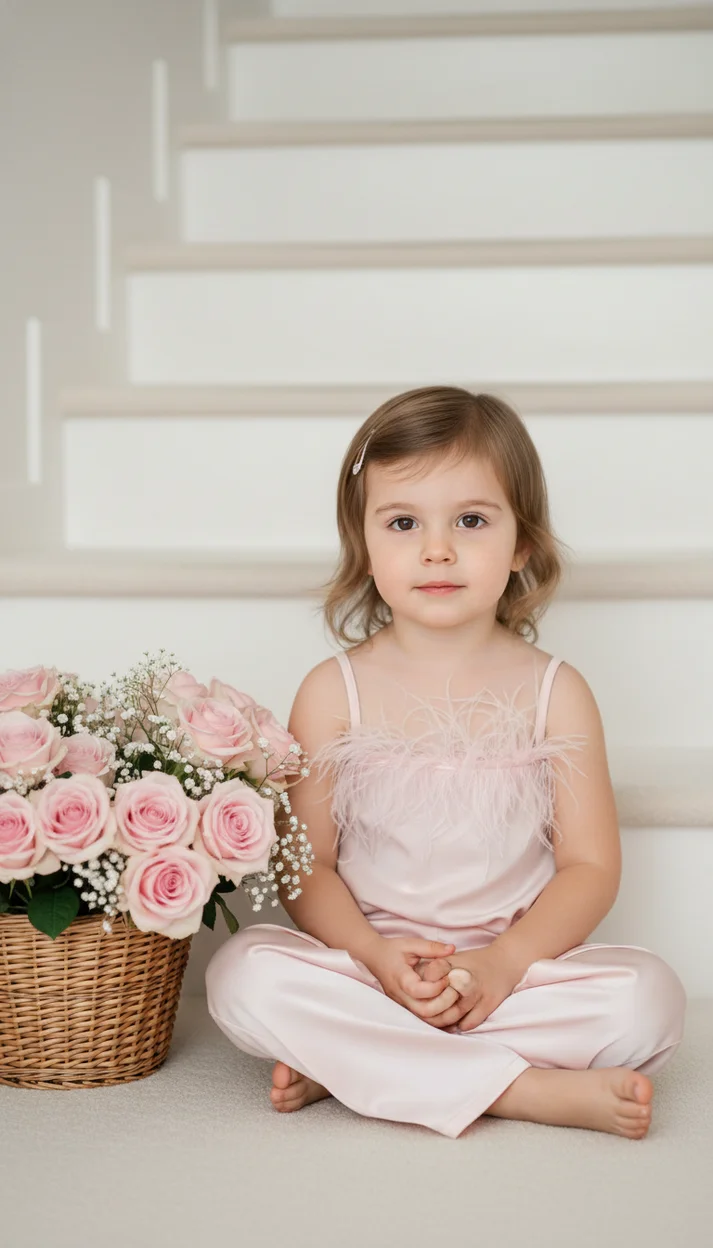 Нежный портрет ребёнка с корзиной роз на лестнице
