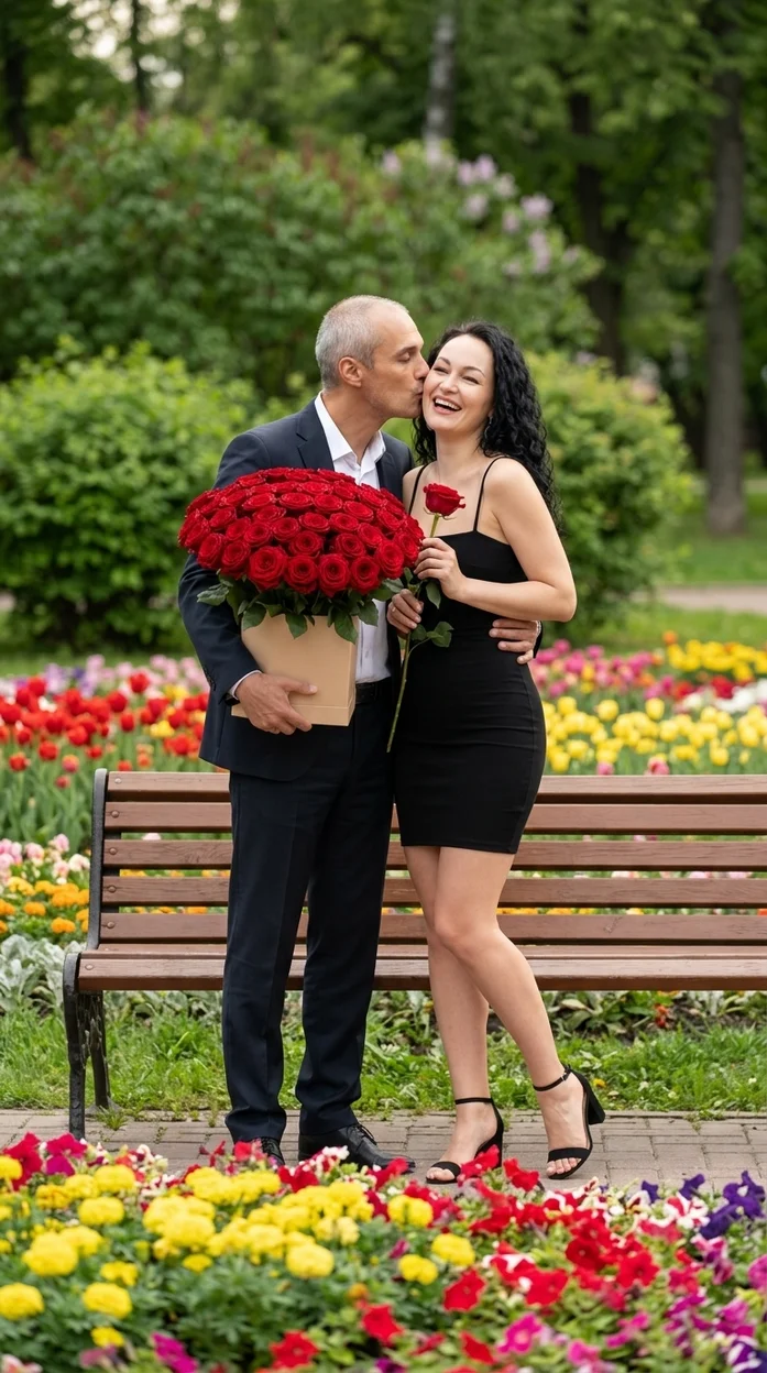 Сцена романтического свидания с огромным букетом роз