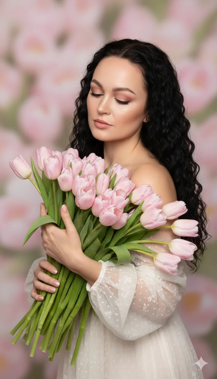 Женщина крупным планом среди розовых тюльпанов