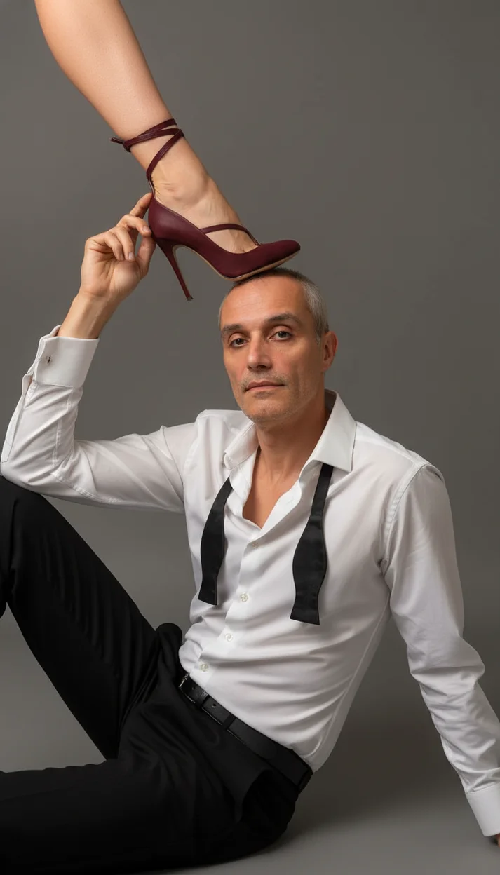 Мужчина в белой рубашке с расстёгнутым галстуком сидит на полу, женская нога в бордовой туфле опирается на его голову