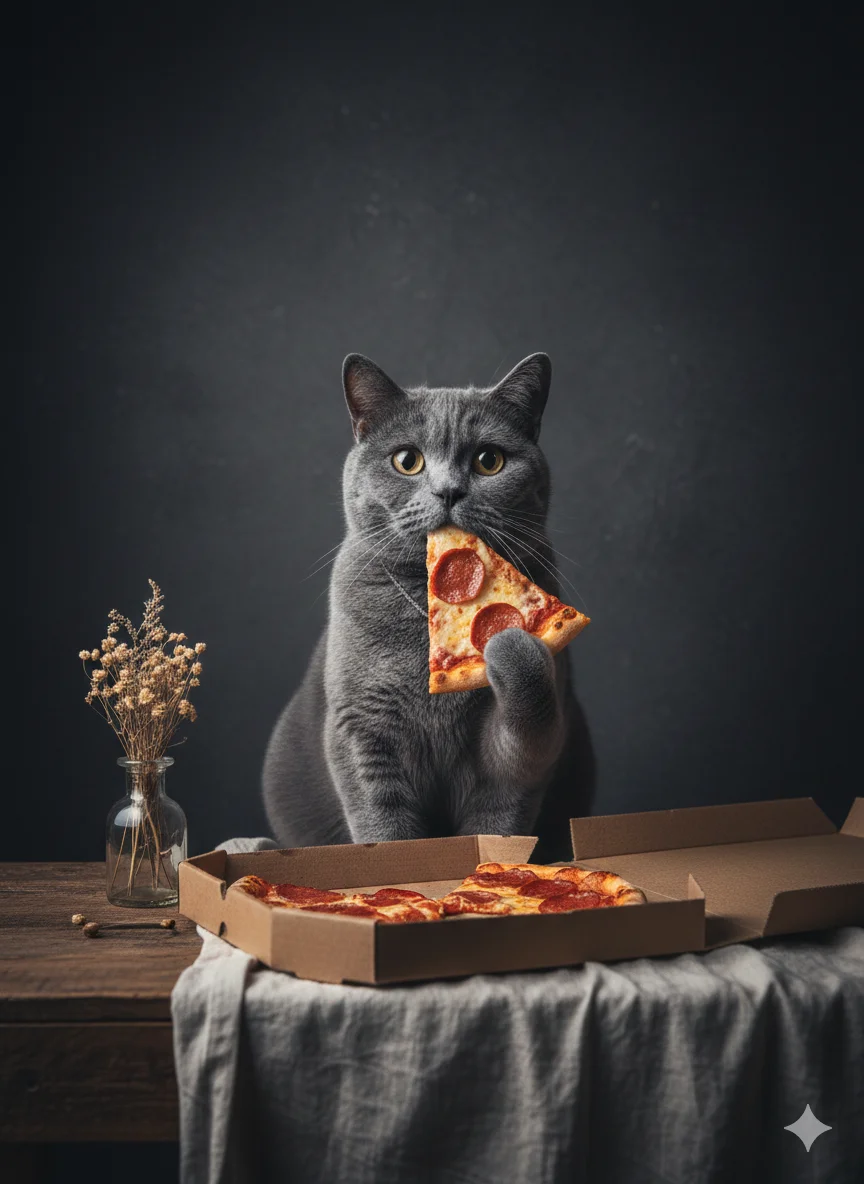 Животное за столом держит кусок пиццы лапой, сценический портрет с эффектом неожиданного момента