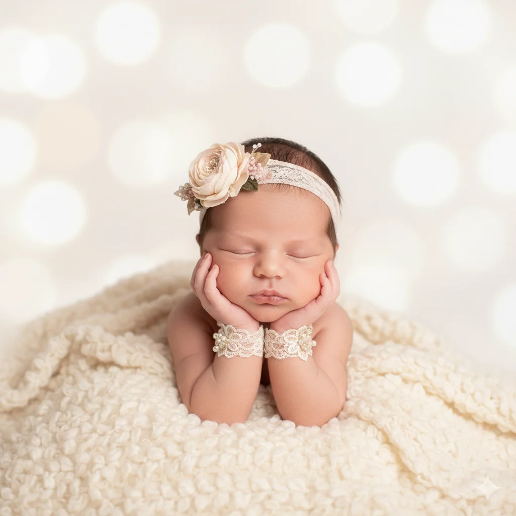 Малышка спит в кружевной повязке с цветком