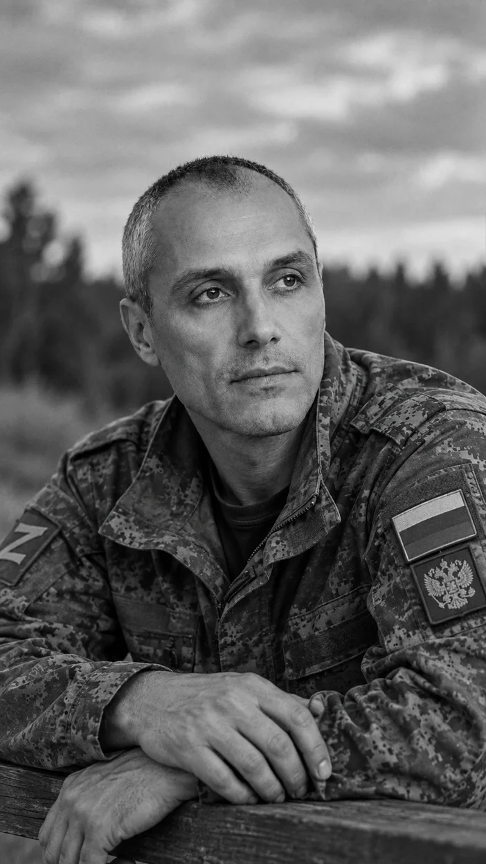 Фотосессия чёрно‑белая у ограждения — задумчивый мужчина в русской военной форме опирается на ограждение