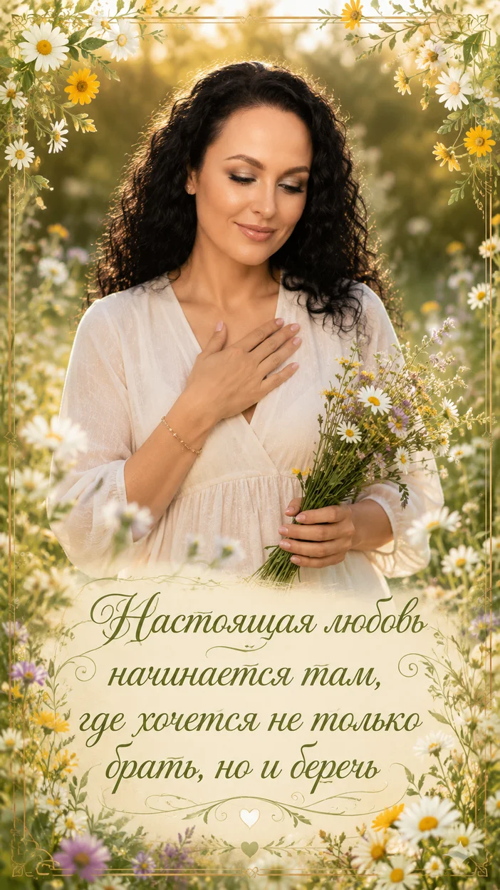 Фотооткрытка для неё с пожеланием "Настоящая любовь начинается там, где хочется не только брать, но и беречь"
