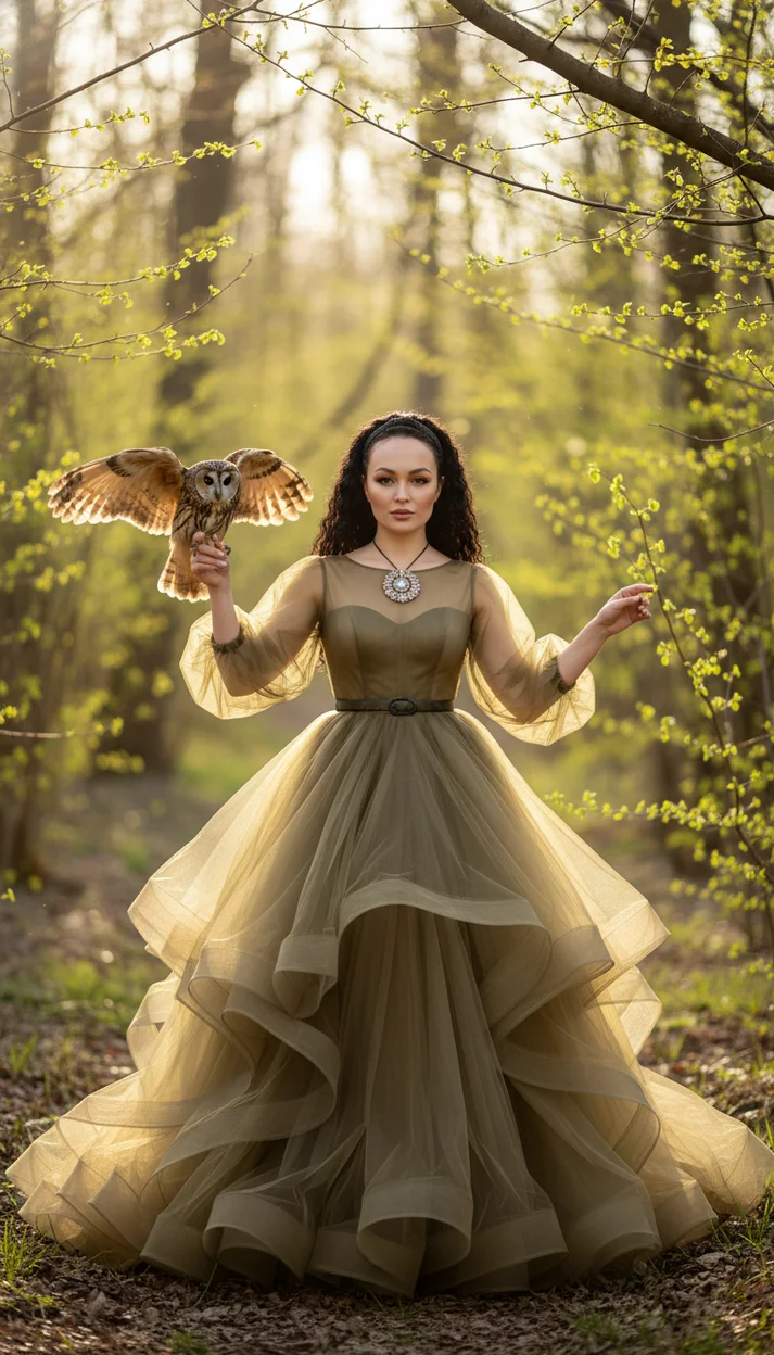  Женщина в длинном оливково-золотом тюлевом платье стоит в весеннем лесу с совой