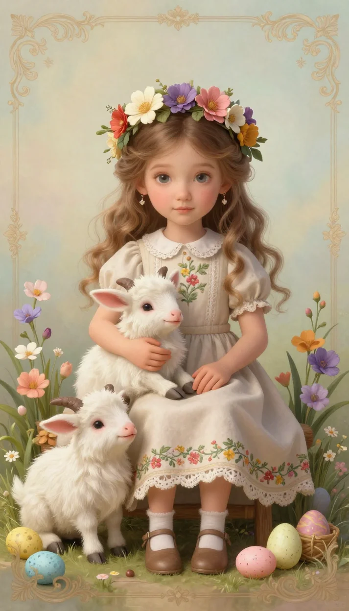  Пасхальный портрет девочки с ягнятами в винтажном стиле