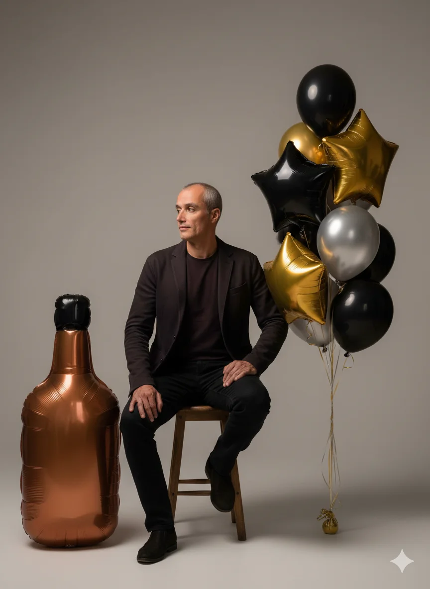 Мужчина в студии на табурете с чёрно-золотыми шарами и большим шаром-бутылкой