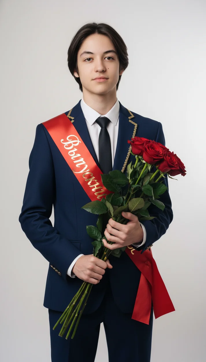 Юноша в парадной форме с розами и лентой Выпускник