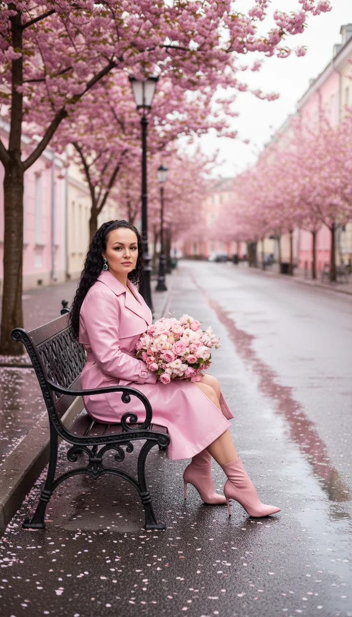 Весенняя улица с цветущей сакурой и розовым образом