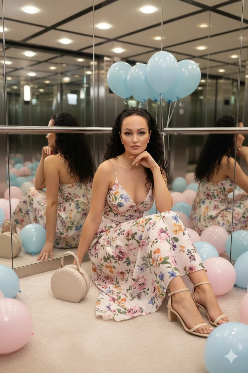 Женщина в лифте на полу среди пастельных шаров в цветочном платье