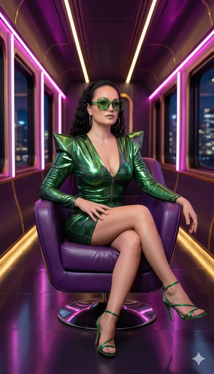 Женщина в металлическом зелёном платье сидит в фиолетовом кресле