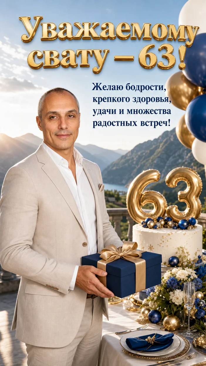 Фотооткрытка для свата с поздравлением "Уважаемому свату — 63!"