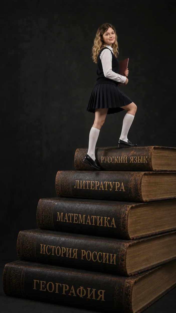 Фотосессия школьница на гигантских учебниках в студии с надписями «РУССКИЙ ЯЗЫК», «ЛИТЕРАТУРА» и др