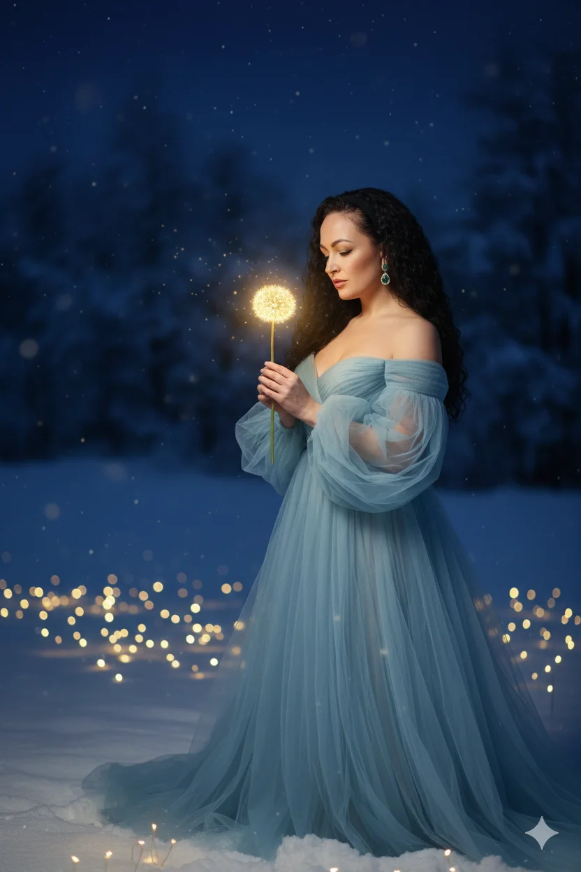 Женщина в зимнем поле ночью с сияющим одуванчиком в светлом платье