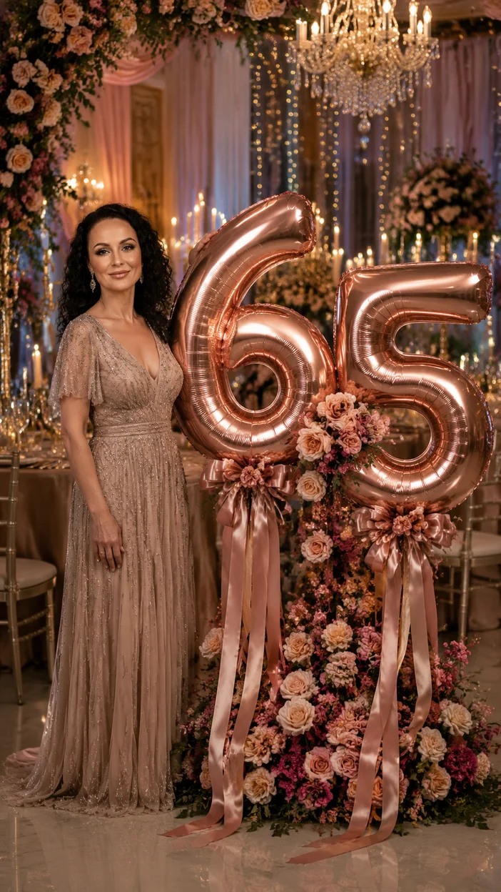 Фотосессия женщины 65 лет в вечернем платье в банкетном зале