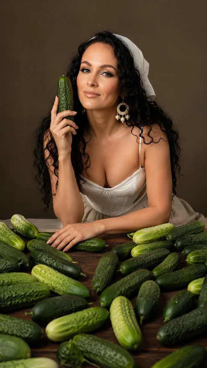 Фотосессия девушки в корсетном топе за столом с огурцами
