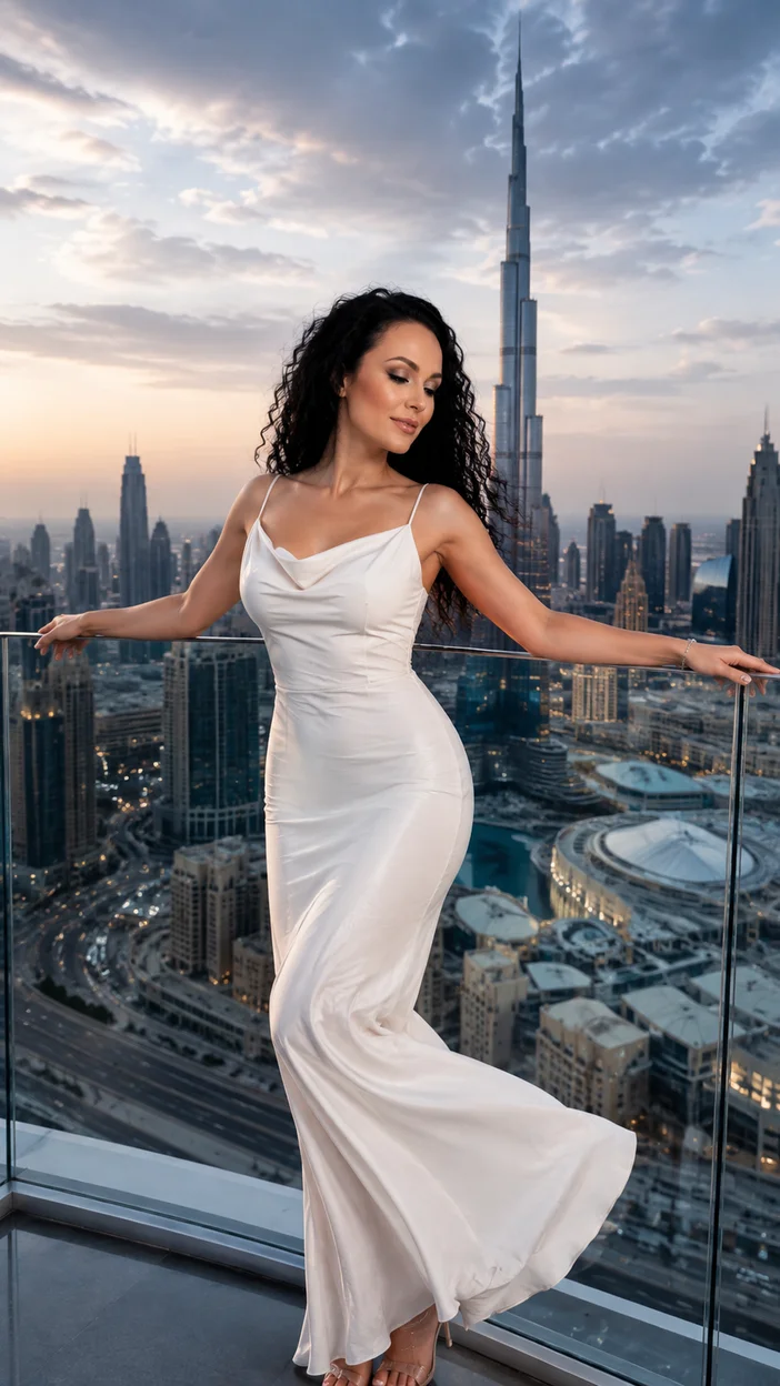 Фотосессия девушки в белом платье на террасе с видом на Downtown Dubai