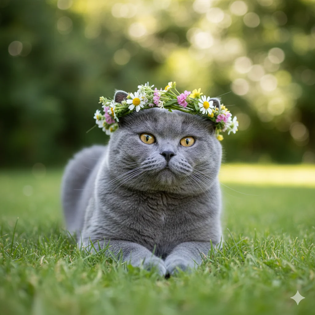 Животное лежит на траве в природной позе с цветочным венком на голове, спокойная летняя сцена