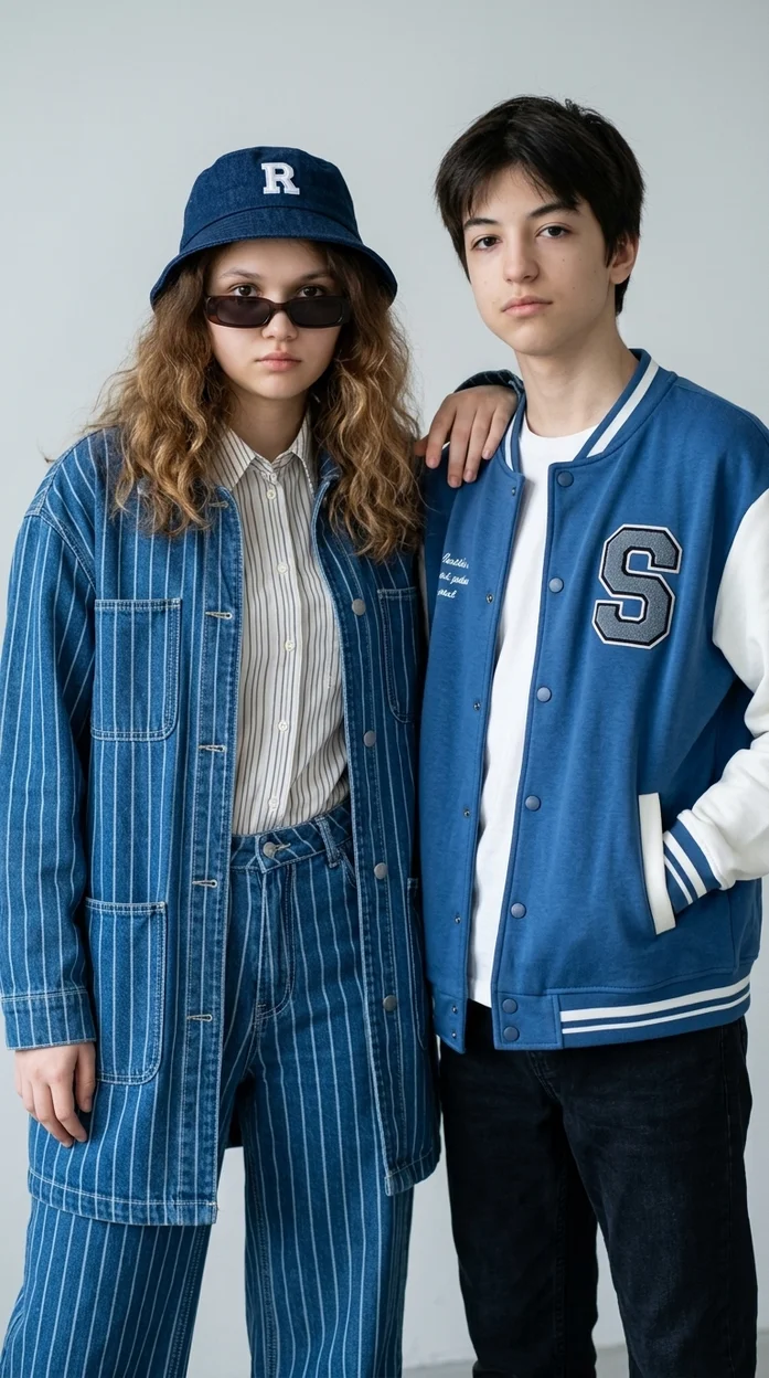 Брат и сестра в светлой студии в синих streetwear образах 