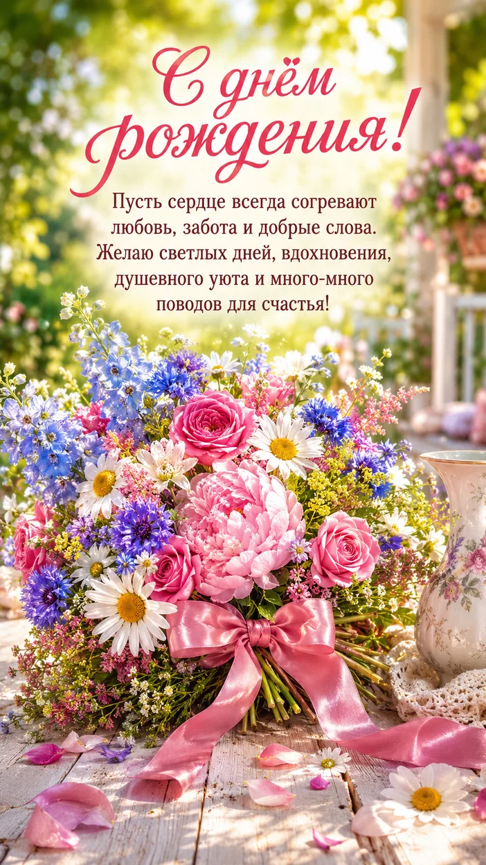Фотооткрытка с поздравлением «С днём рождения!» (полевой букет на веранде)
