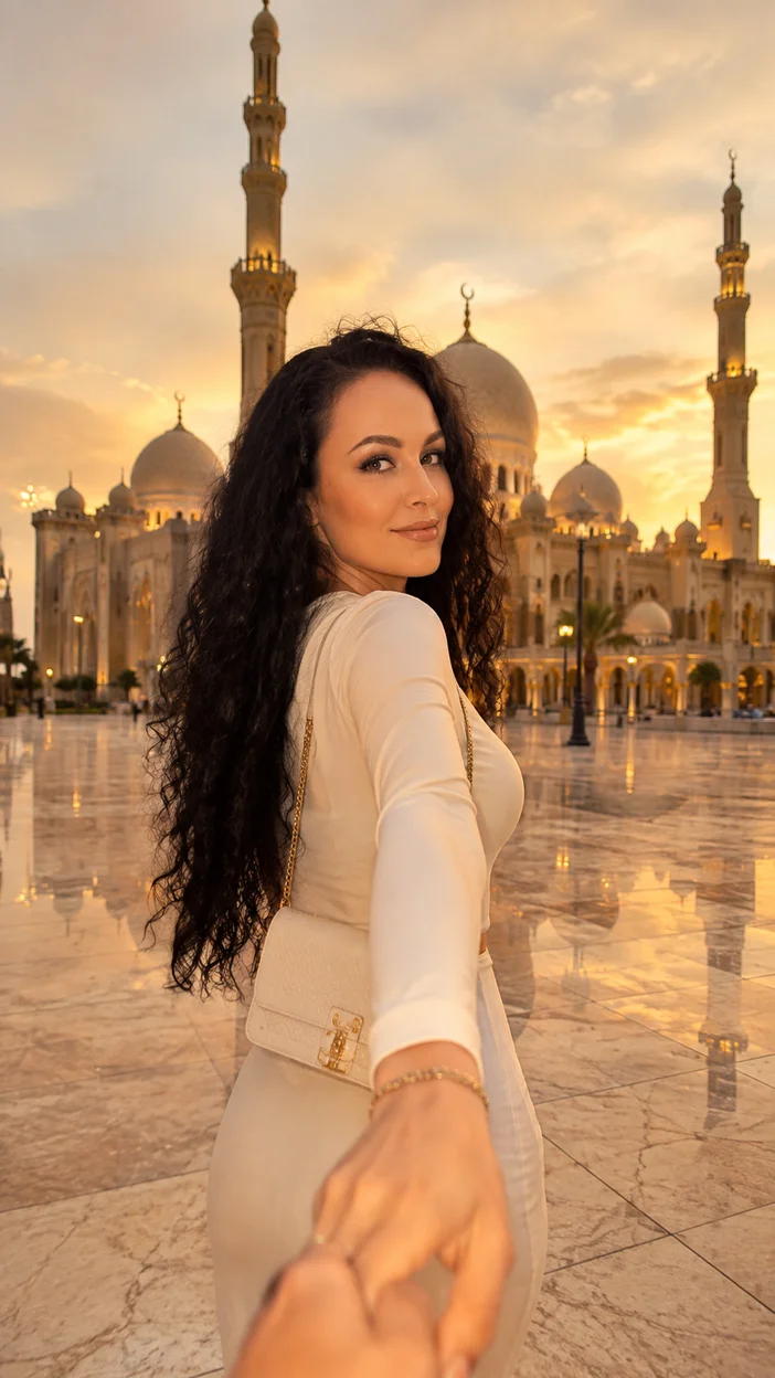 Фотосессия девушки в белом платье у мечети
