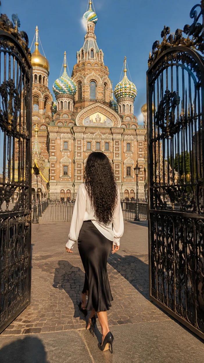 Фотосессия девушки в рубашке и юбке у Спаса на Крови
