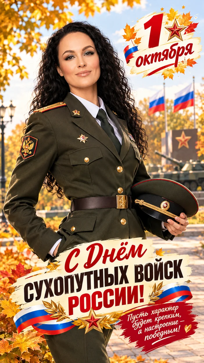 Фотосессия девушки в стилизованной форме Сухопутных войск в осеннем парке с фуражкой и лентами — открытка 1 октября