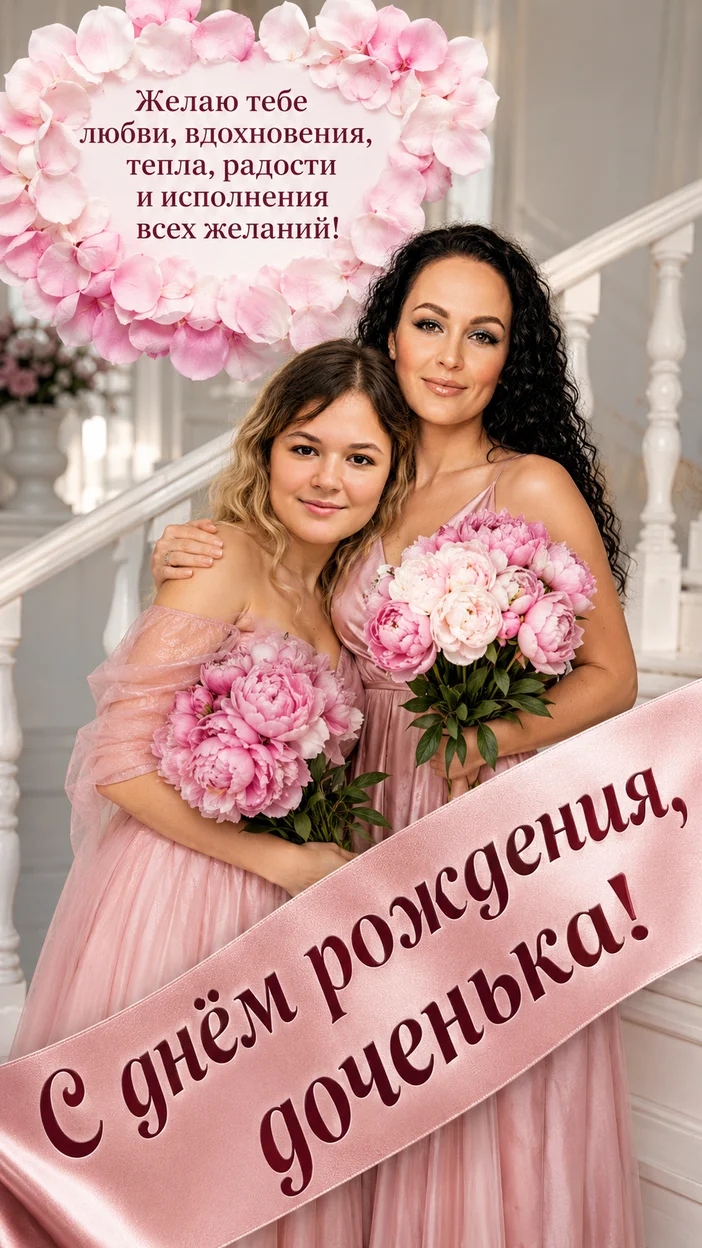 Фотооткрытка маме и дочке с поздравлением "С днём рождения, доченька!"